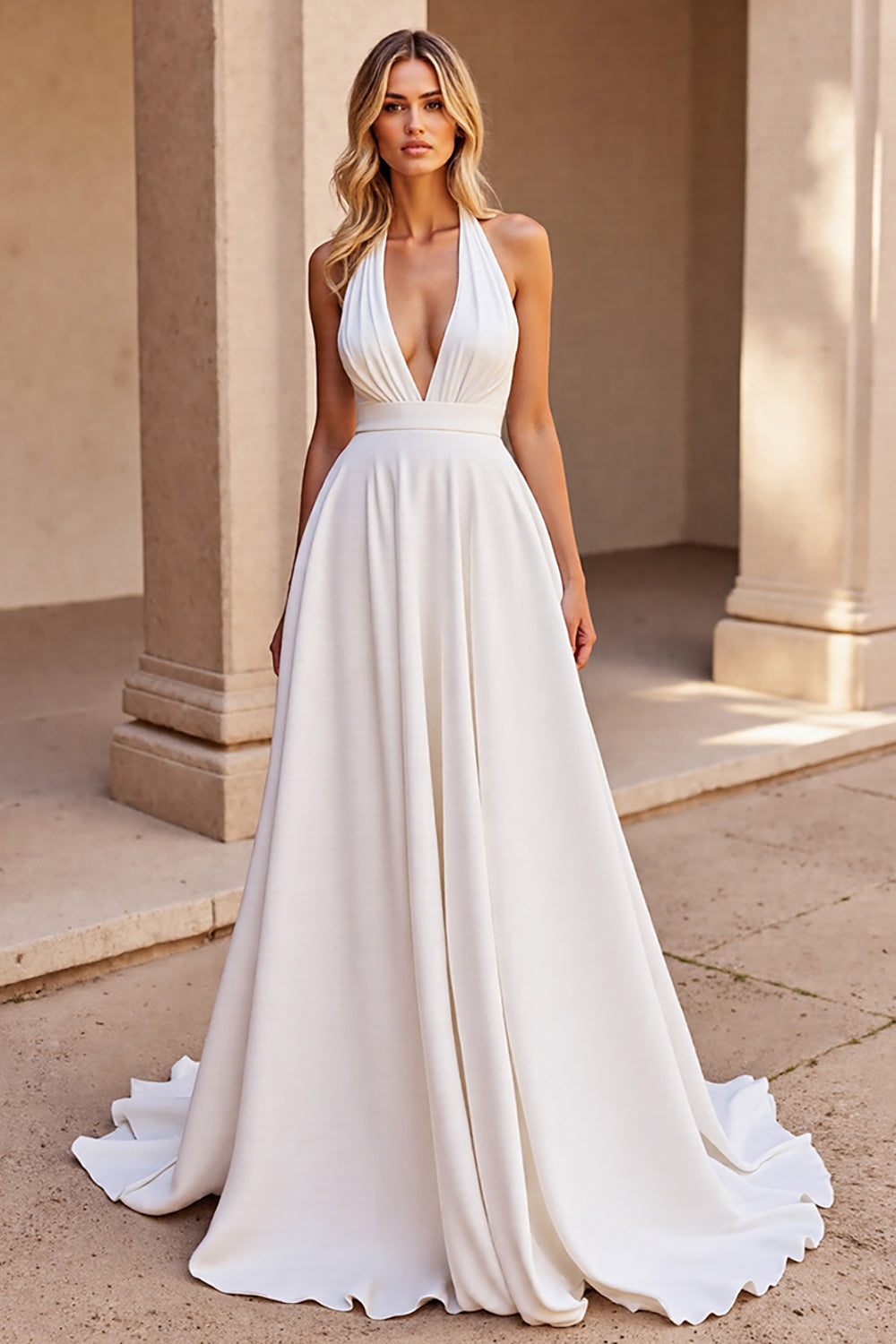 White Satin Halter A Line Sweep Train Wedding Dress