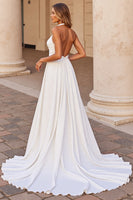 Load image into Gallery viewer, White Satin Halter A Line Sweep Train Wedding Dress