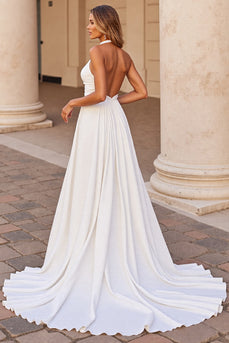 White Satin Halter A Line Sweep Train Wedding Dress