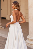Load image into Gallery viewer, White Satin Halter A Line Sweep Train Wedding Dress