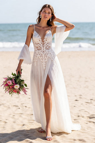 Chiffon White Spaghetti Straps Sweep Train Boho Wedding Dress with Sleeves