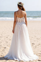 Load image into Gallery viewer, Chiffon White Spaghetti Straps Sweep Train Boho Wedding Dress with Sleeves