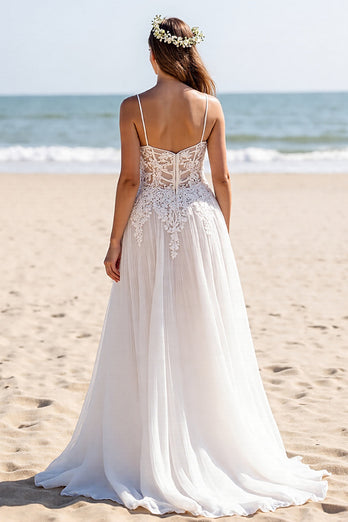 Chiffon White Spaghetti Straps Sweep Train Boho Wedding Dress with Sleeves