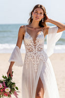 Load image into Gallery viewer, Chiffon White Spaghetti Straps Sweep Train Boho Wedding Dress with Sleeves