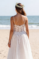 Load image into Gallery viewer, Chiffon White Spaghetti Straps Sweep Train Boho Wedding Dress with Sleeves