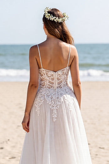 Chiffon White Spaghetti Straps Sweep Train Boho Wedding Dress with Sleeves