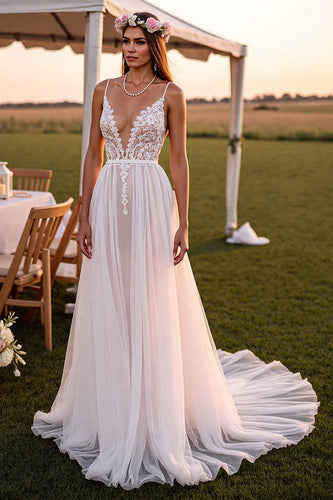 White Spaghetti Straps Boho Sweep Train Wedding Dress with Lace