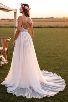 White Spaghetti Straps Boho Sweep Train Wedding Dress with Lace