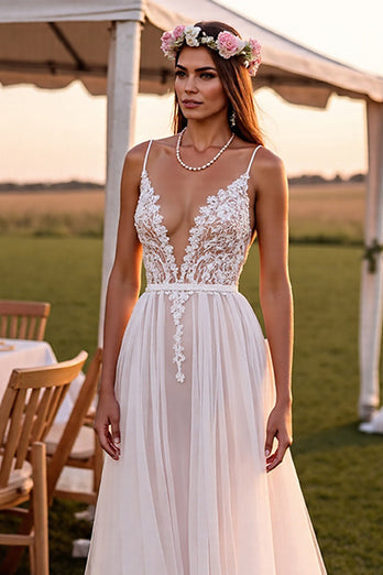 White Spaghetti Straps Boho Sweep Train Wedding Dress with Lace