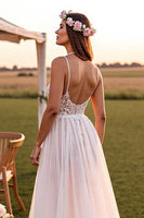 Load image into Gallery viewer, White Spaghetti Straps Boho Sweep Train Wedding Dress with Lace