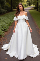 Load image into Gallery viewer, Satin White Off the Shoulder A Line Sweep Train Wedding Dress