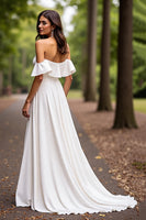 Load image into Gallery viewer, Satin White Off the Shoulder A Line Sweep Train Wedding Dress