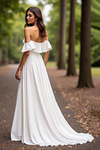 Satin White Off the Shoulder A Line Sweep Train Wedding Dress