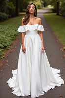 Load image into Gallery viewer, Satin White Off the Shoulder A Line Sweep Train Wedding Dress