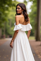 Load image into Gallery viewer, Satin White Off the Shoulder A Line Sweep Train Wedding Dress