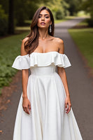 Load image into Gallery viewer, Satin White Off the Shoulder A Line Sweep Train Wedding Dress