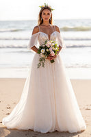 Load image into Gallery viewer, White Cold Shoulder Chiffon Sweep Train Wedding Dress with Lace