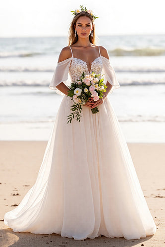 White Cold Shoulder Chiffon Sweep Train Wedding Dress with Lace