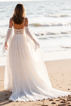 White Cold Shoulder Chiffon Sweep Train Wedding Dress with Lace
