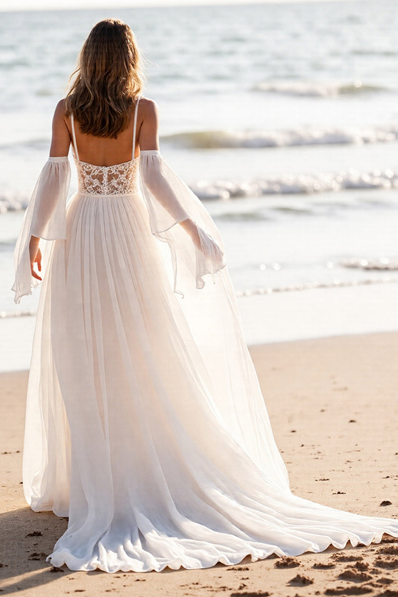 Load image into Gallery viewer, White Cold Shoulder Chiffon Sweep Train Wedding Dress with Lace