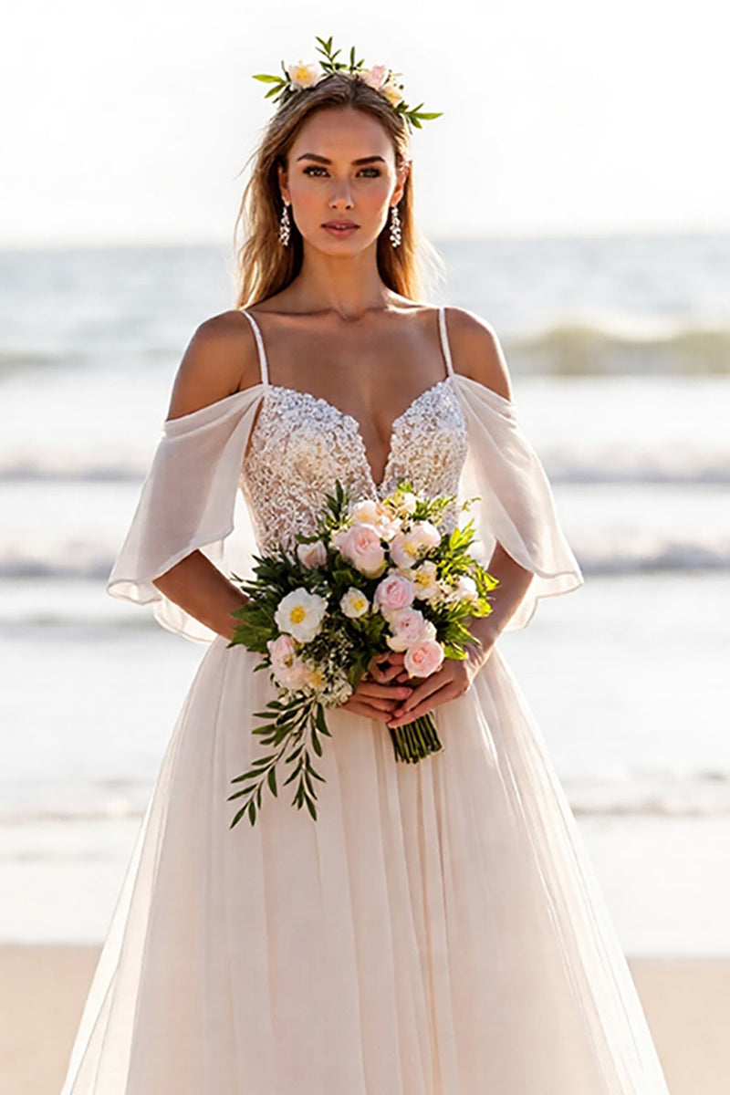 Load image into Gallery viewer, White Cold Shoulder Chiffon Sweep Train Wedding Dress with Lace