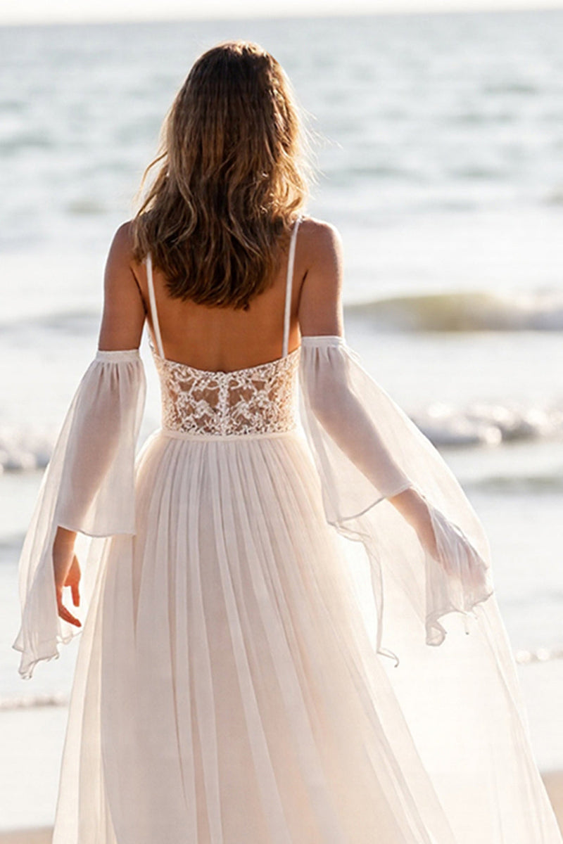 Load image into Gallery viewer, White Cold Shoulder Chiffon Sweep Train Wedding Dress with Lace