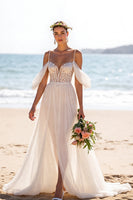 Load image into Gallery viewer, Chiffon White A Line Boho Sweep Train Wedding Dress with Slit