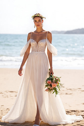 Chiffon White A Line Boho Sweep Train Wedding Dress with Slit