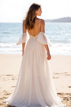 Chiffon White A Line Boho Sweep Train Wedding Dress with Slit