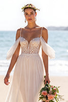 Load image into Gallery viewer, Chiffon White A Line Boho Sweep Train Wedding Dress with Slit