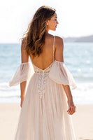 Load image into Gallery viewer, Chiffon White A Line Boho Sweep Train Wedding Dress with Slit