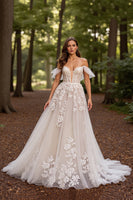 Load image into Gallery viewer, White Floral Tulle Sweep Train Corset Wedding Dress with Lace