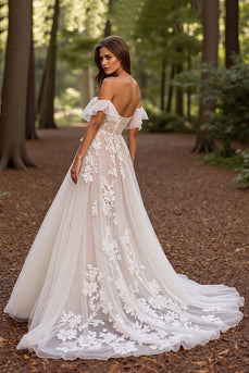 White Floral Tulle Sweep Train Corset Wedding Dress with Lace