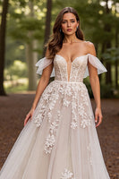 Load image into Gallery viewer, White Floral Tulle Sweep Train Corset Wedding Dress with Lace