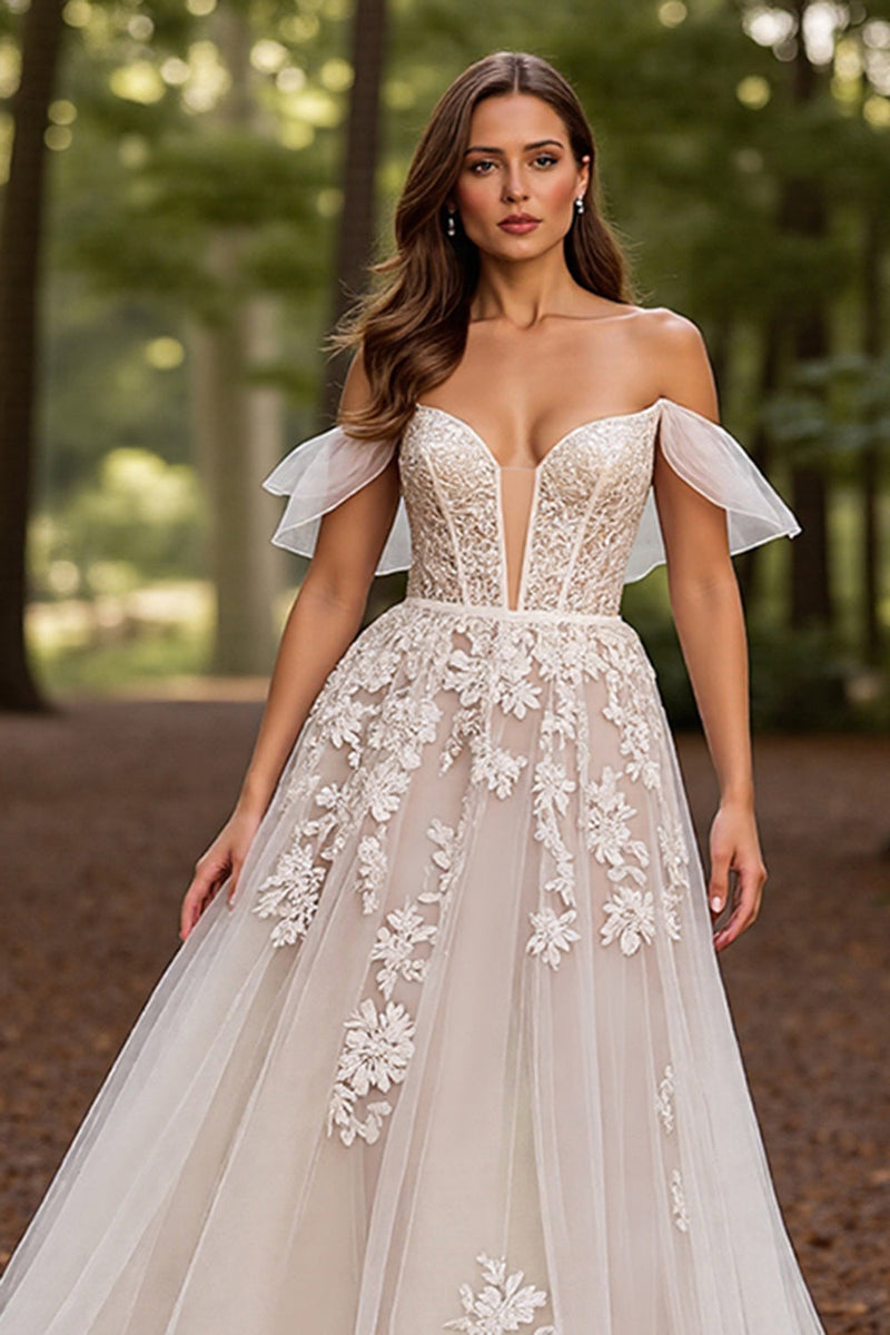 Load image into Gallery viewer, White Floral Tulle Sweep Train Corset Wedding Dress with Lace