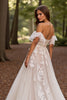 Load image into Gallery viewer, White Floral Tulle Sweep Train Corset Wedding Dress with Lace