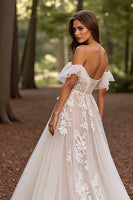 Load image into Gallery viewer, White Floral Tulle Sweep Train Corset Wedding Dress with Lace