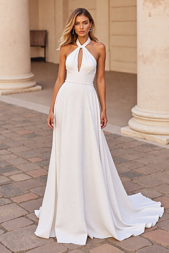 White Halter Satin Sweep Train Wedding Dress with Keyhole