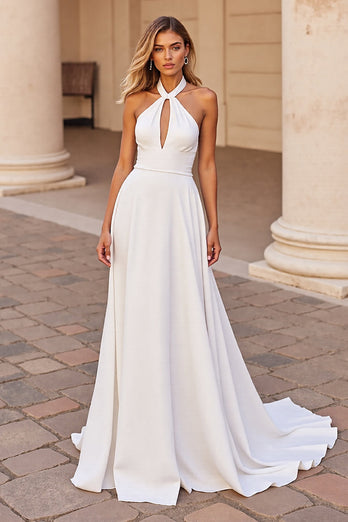 White Halter Satin Sweep Train Wedding Dress with Keyhole