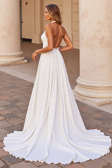 White Halter Satin Sweep Train Wedding Dress with Keyhole