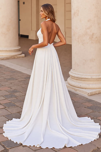 White Halter Satin Sweep Train Wedding Dress with Keyhole
