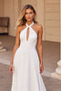 Load image into Gallery viewer, White Halter Satin Sweep Train Wedding Dress with Keyhole