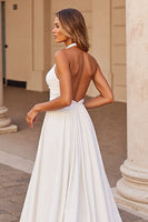 Load image into Gallery viewer, White Halter Satin Sweep Train Wedding Dress with Keyhole