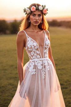 Boho White Spaghetti Straps Tulle Sweep Train Wedding Dress with Lace