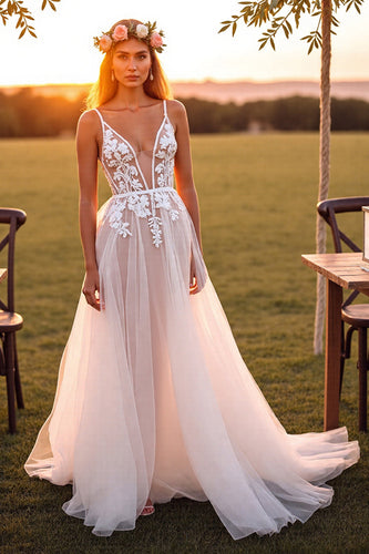 Boho White Spaghetti Straps Tulle Sweep Train Wedding Dress with Lace