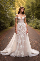 Load image into Gallery viewer, White Off the Shoulder Floral Sweep Train Wedding Dress with Appliques
