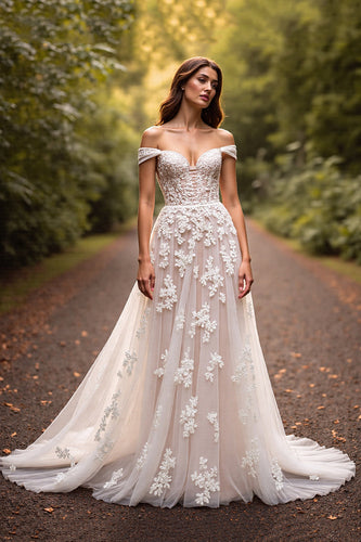 White Off the Shoulder Floral Sweep Train Wedding Dress with Appliques