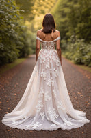 Load image into Gallery viewer, White Off the Shoulder Floral Sweep Train Wedding Dress with Appliques