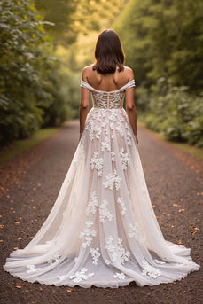 White Off the Shoulder Floral Sweep Train Wedding Dress with Appliques