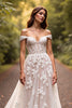 Load image into Gallery viewer, White Off the Shoulder Floral Sweep Train Wedding Dress with Appliques